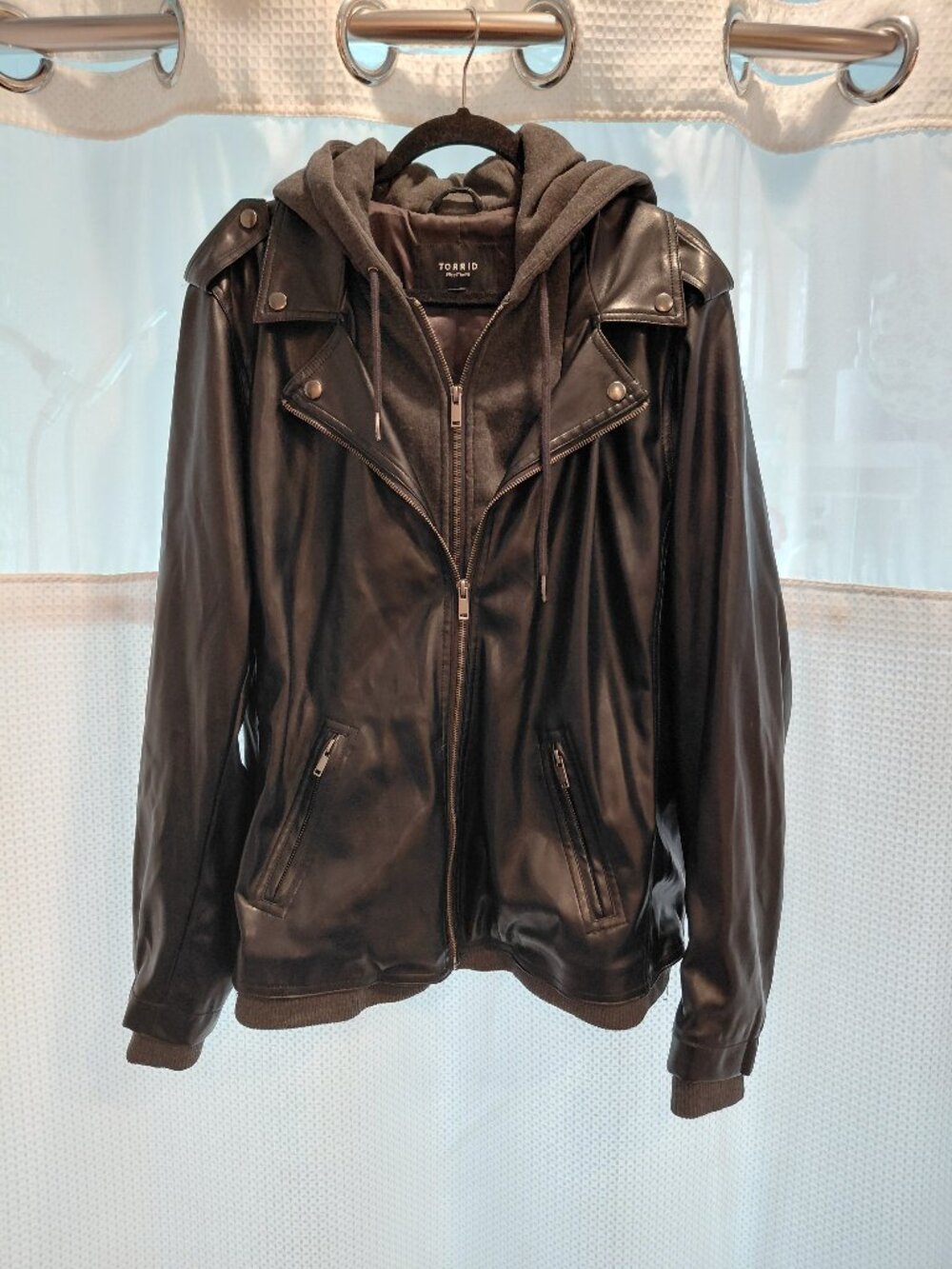 Black Faux Leather Moto Jacket w/Dark Gray Knit Zip-Up Hoodie "Inside"- Size 3